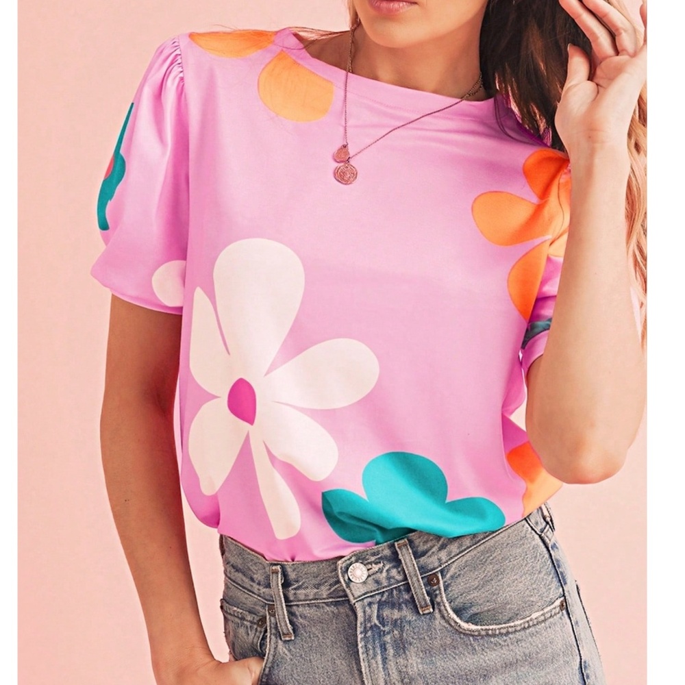 09 Boho Floral Print Puff Short Sleeve Blouse - Picture 4 of 5